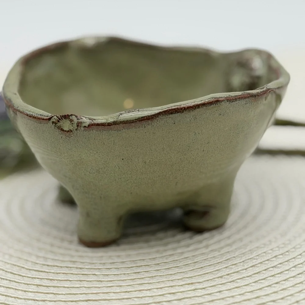 Handmade Studio Pottery Sage Green Glazed Footed Bowl Wavy Rim Wabi Sabi 4.5